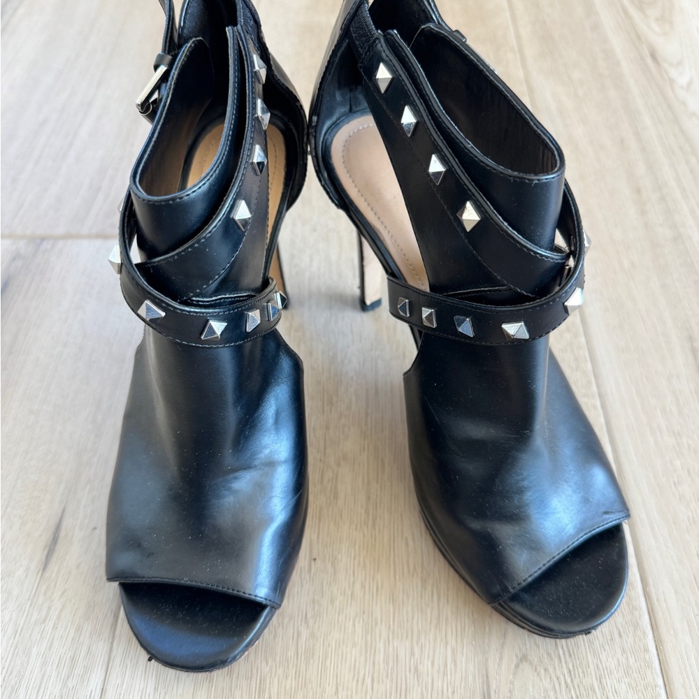 Marc Fisher Black Studded Peep-Toe Ankle Strap Heels